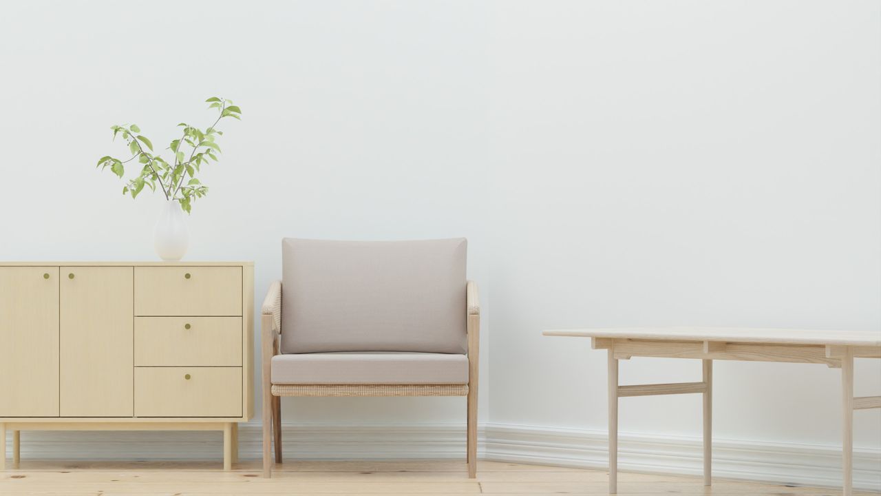 A serene minimalist living room with wooden furniture and a plant.